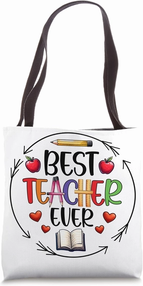 Best Teacher Ever Pencil Apple Heart Book Tote Bag