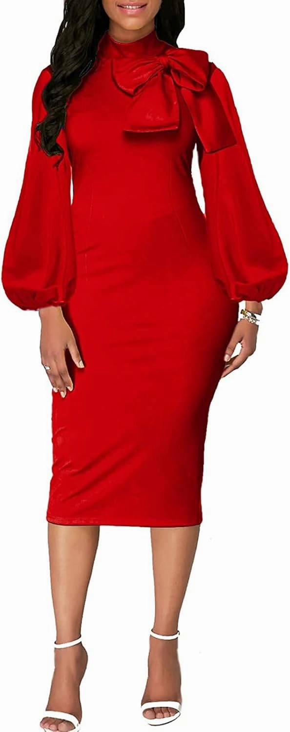 BestGirl Women's Bishop Sleeve Bodycon Dresses Work Casual Floral Print Pencil Midi Dresses