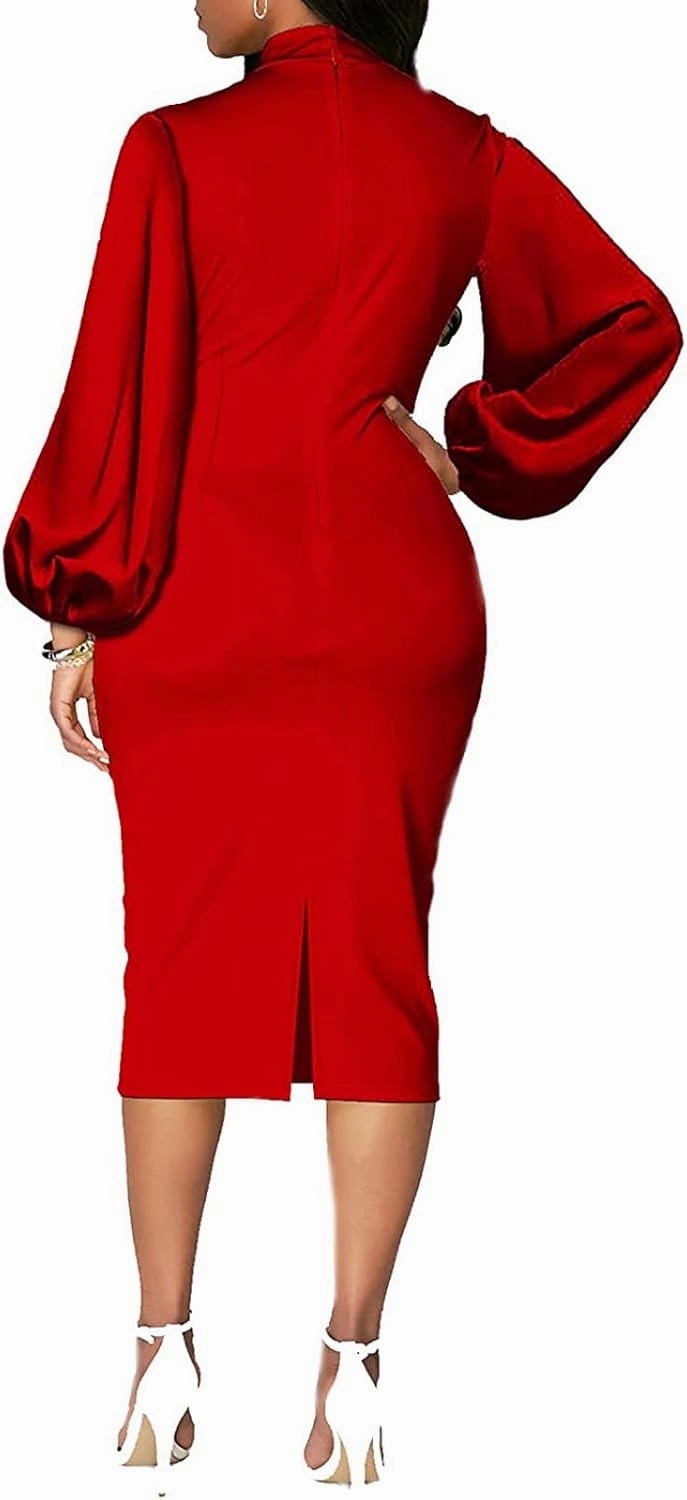 BestGirl Women's Bishop Sleeve Bodycon Dresses Work Casual Floral Print Pencil Midi Dresses