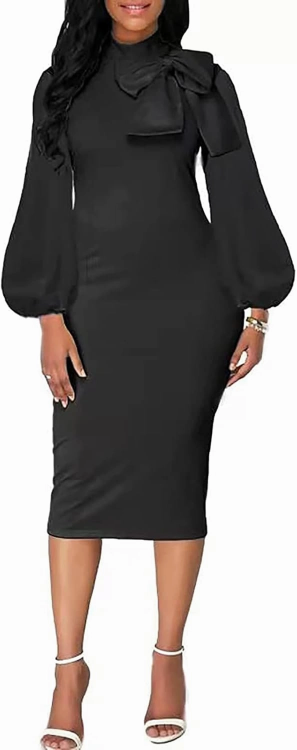 BestGirl Women's Bishop Sleeve Bodycon Dresses Work Casual Floral Print Pencil Midi Dresses