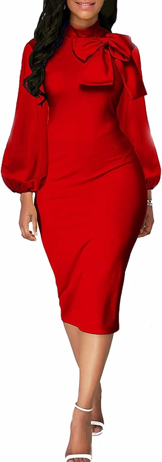 BestGirl Women's Bishop Sleeve Bodycon Dresses Work Casual Floral Print Pencil Midi Dresses