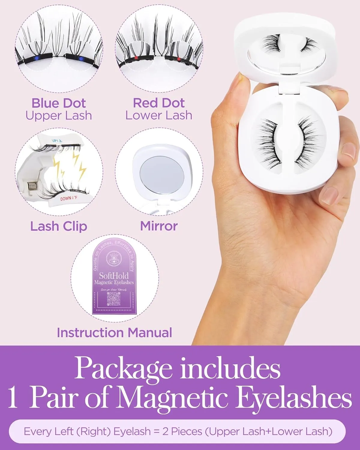 BEYELIAN Magnetic Eyelashes, Soft Natural Look Magnetic Lashes Kit, Magnets False Eyelashes with Applicator Reusable No Glue Needed Eyelashes Easy to Wear and Remove (1 Pair,SME013)