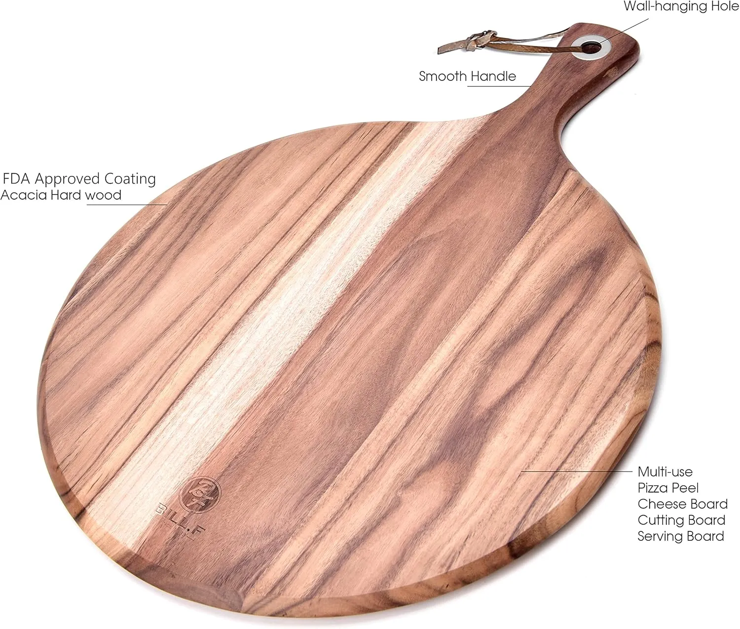 BILL.F Acacia Wood Pizza Peel,12” Cutting Board, Cheese Paddle Board, Bread and Crackers Platter for Serving and Minor Food Prepare with Handle - 16 x 12 x 0.5 Inch