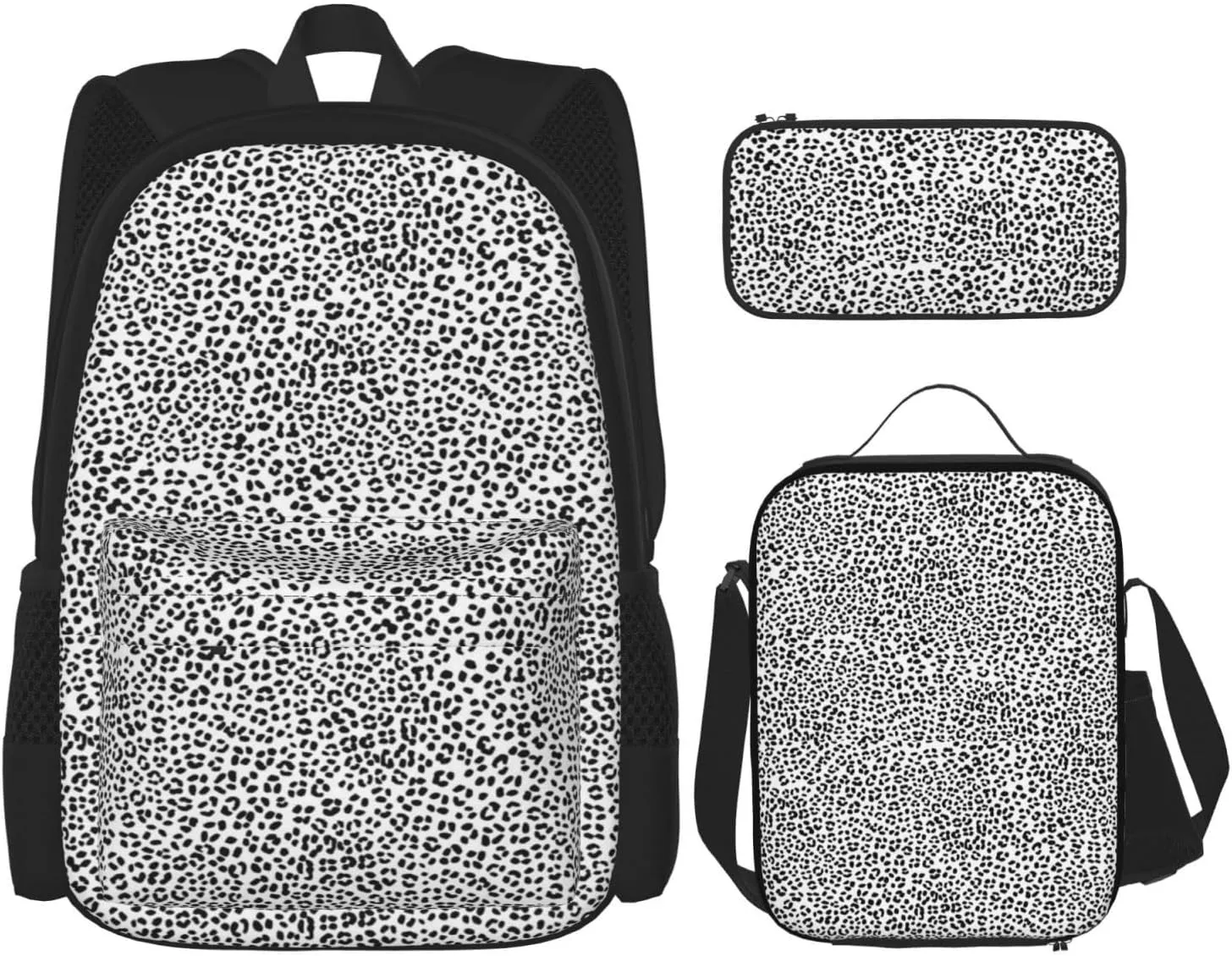 Black and White Snow Leopard Multifunctional Pocket Backpack Crossbody Lunch Bag Pencil Case 3Pcs Set Large Capacity Backpack