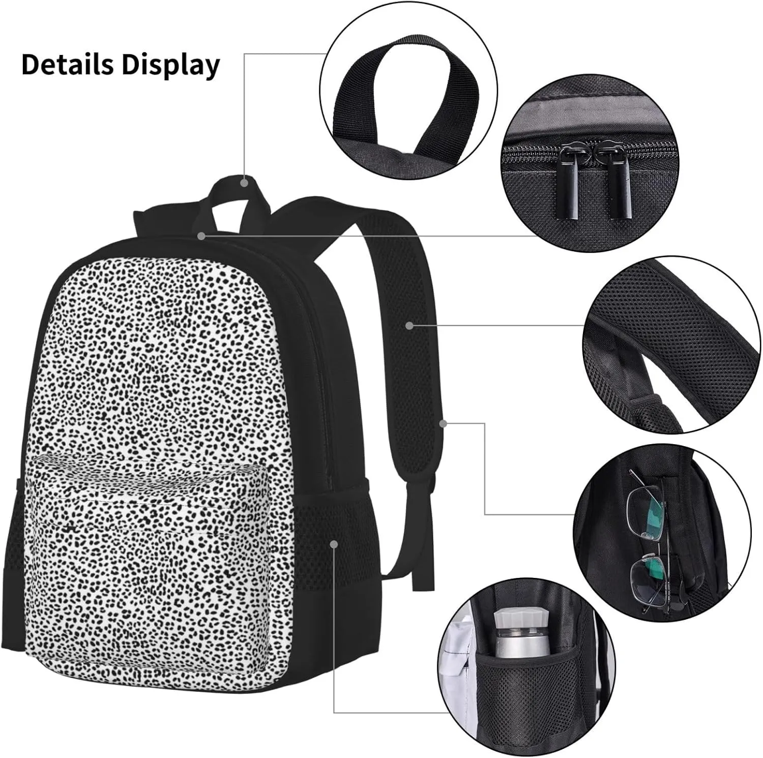 Black and White Snow Leopard Multifunctional Pocket Backpack Crossbody Lunch Bag Pencil Case 3Pcs Set Large Capacity Backpack