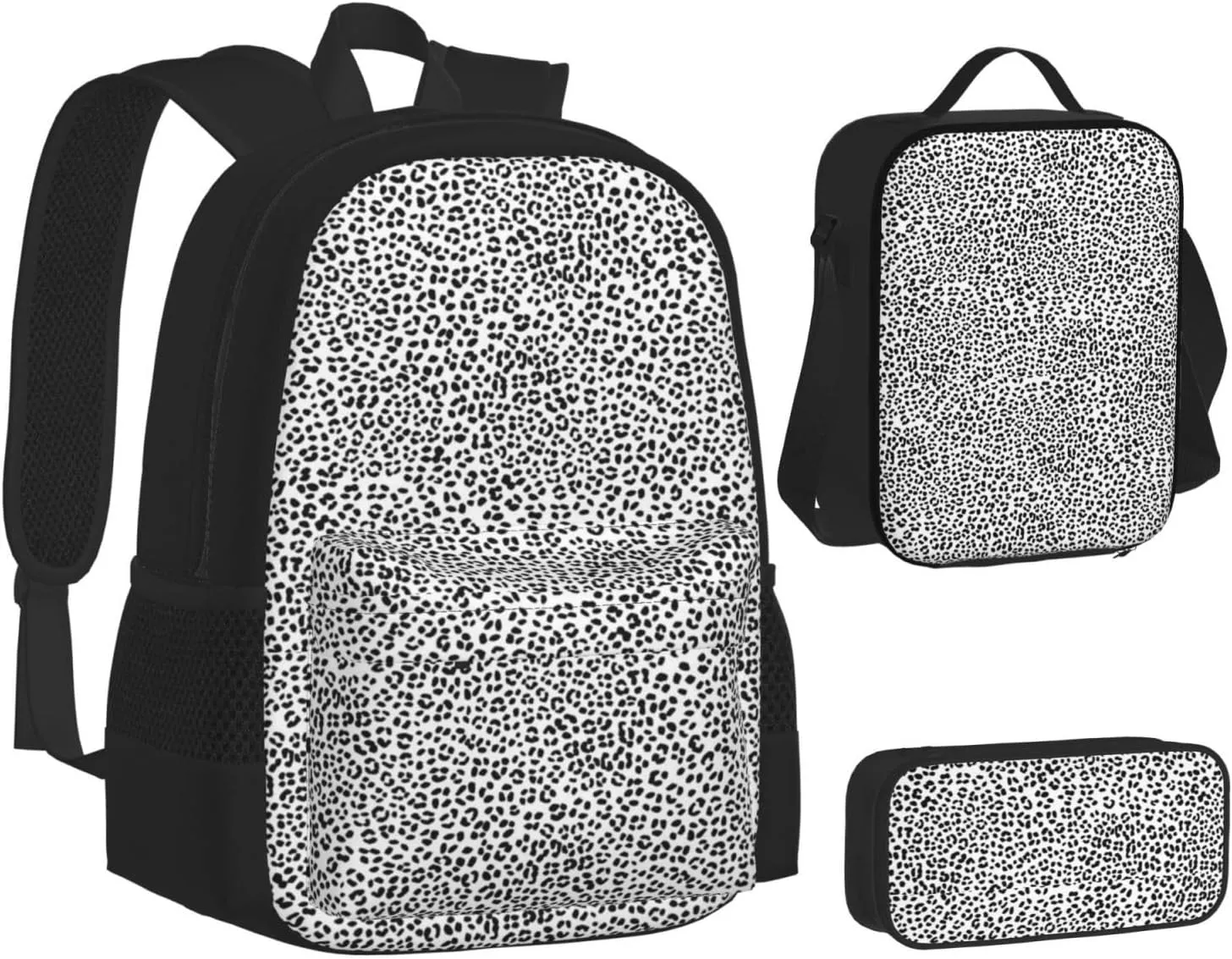 Black and White Snow Leopard Multifunctional Pocket Backpack Crossbody Lunch Bag Pencil Case 3Pcs Set Large Capacity Backpack