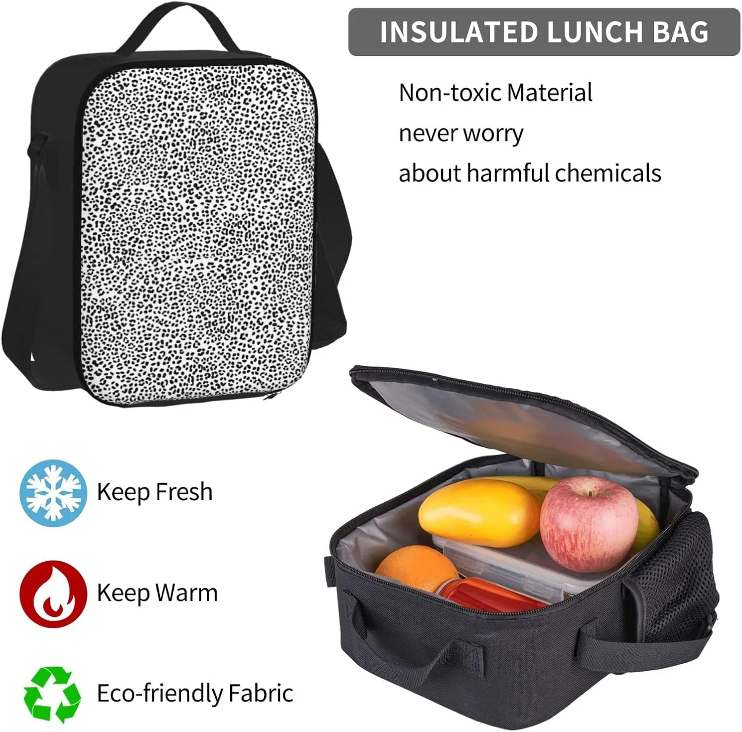 Black and White Snow Leopard Multifunctional Pocket Backpack Crossbody Lunch Bag Pencil Case 3Pcs Set Large Capacity Backpack
