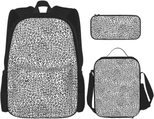 Black and White Snow Leopard Multifunctional Pocket Backpack Crossbody Lunch Bag Pencil Case 3Pcs Set Large Capacity Backpack