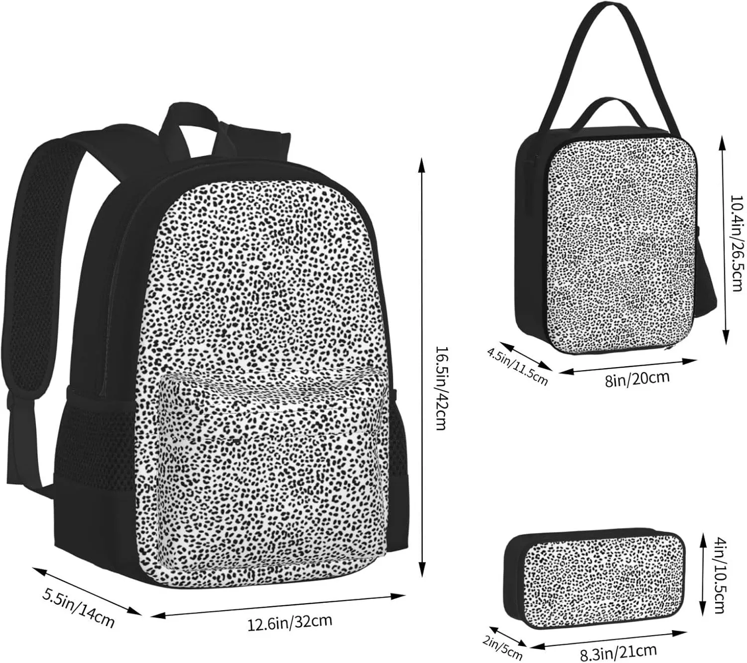 Black and White Snow Leopard Multifunctional Pocket Backpack Crossbody Lunch Bag Pencil Case 3Pcs Set Large Capacity Backpack