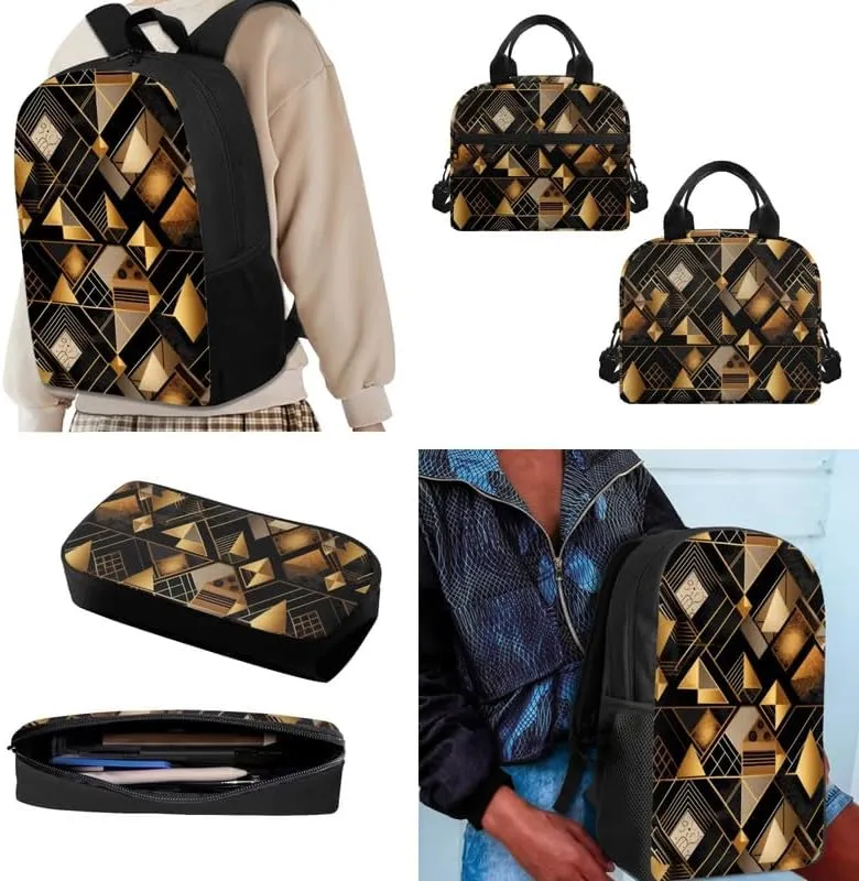 Black Golden Geometry Print 3pcs SchoolBag Teenager Gifts for Men & Women Abstract Art Rectangle Stripe Pattern Fits 12 inch laptop Bag Lunch Bag Pencil Case