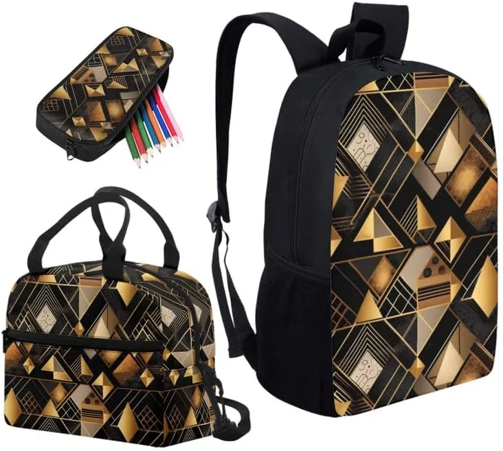 Black Golden Geometry Print 3pcs SchoolBag Teenager Gifts for Men & Women Abstract Art Rectangle Stripe Pattern Fits 12 inch laptop Bag Lunch Bag Pencil Case