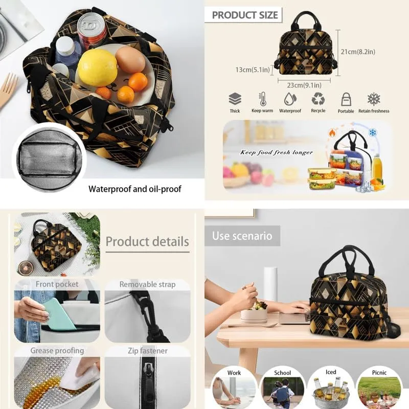 Black Golden Geometry Print 3pcs SchoolBag Teenager Gifts for Men & Women Abstract Art Rectangle Stripe Pattern Fits 12 inch laptop Bag Lunch Bag Pencil Case