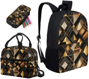 Black Golden Geometry Print 3pcs SchoolBag Teenager Gifts for Men & Women Abstract Art Rectangle Stripe Pattern Fits 12 inch laptop Bag Lunch Bag Pencil Case