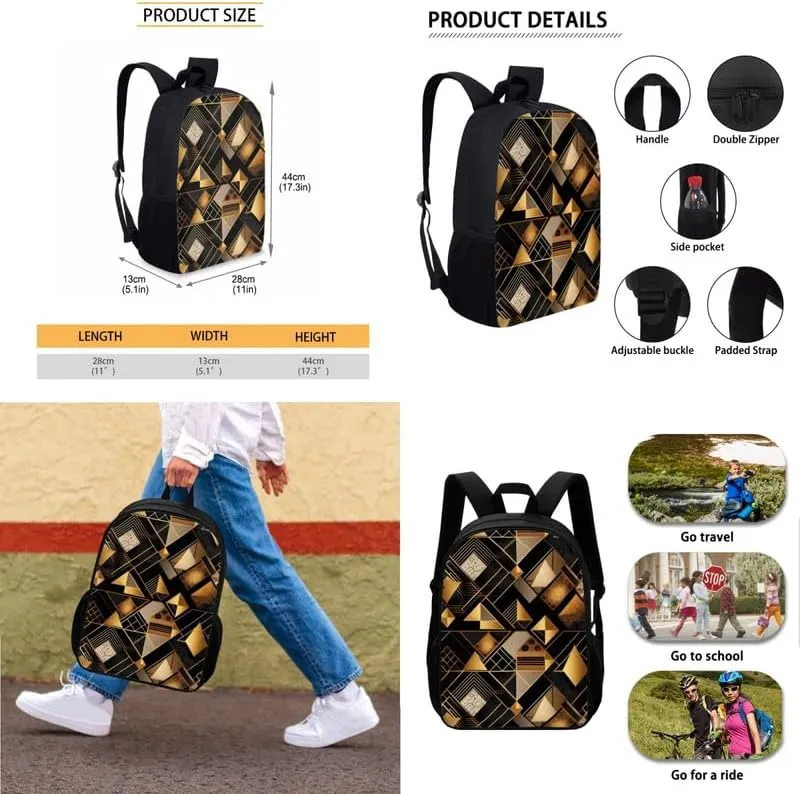 Black Golden Geometry Print 3pcs SchoolBag Teenager Gifts for Men & Women Abstract Art Rectangle Stripe Pattern Fits 12 inch laptop Bag Lunch Bag Pencil Case