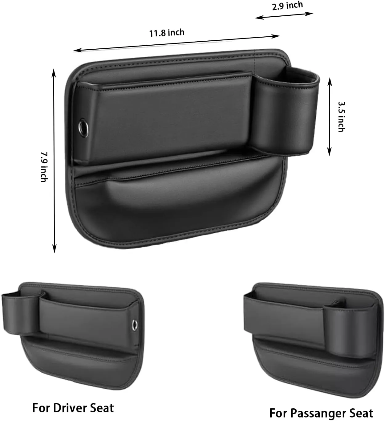 Black Leather Car Seat Gap Storage Box with Adjustable Cup Holder Gap Bag Perfect for Storing Glasses,Phones,Cards,Car Leather Cup Holder Gap Bag (Black, Passanger Side)
