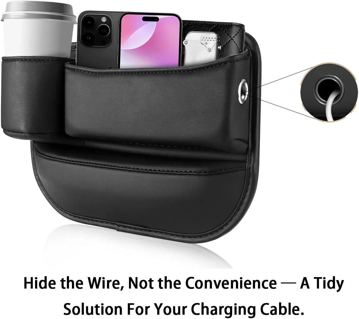 Black Leather Car Seat Gap Storage Box with Adjustable Cup Holder Gap Bag Perfect for Storing Glasses,Phones,Cards,Car Leather Cup Holder Gap Bag (Black, Passanger Side)
