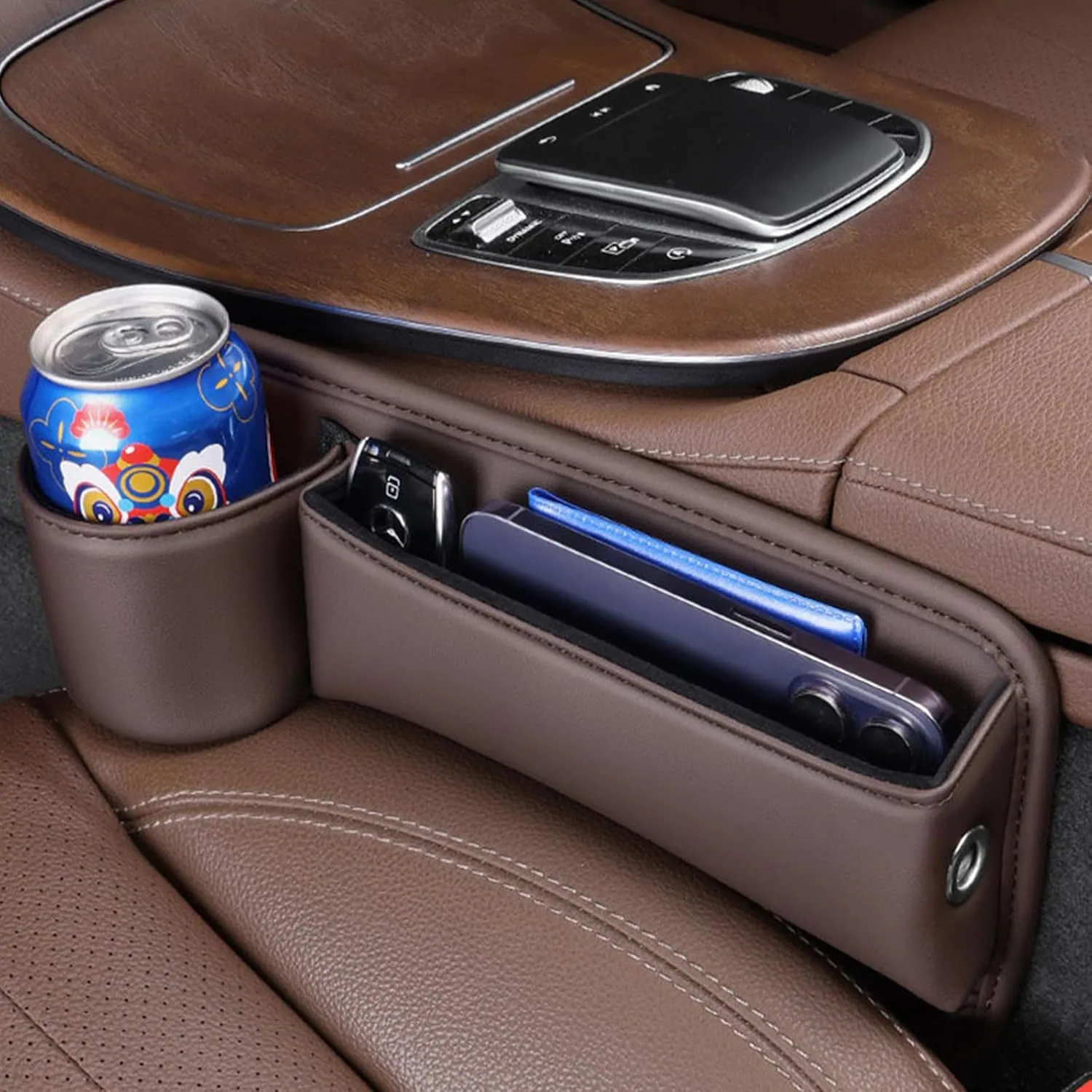 Black Leather Car Seat Gap Storage Box with Adjustable Cup Holder Gap Bag Perfect for Storing Glasses,Phones,Cards,Car Leather Cup Holder Gap Bag (Black, Passanger Side)