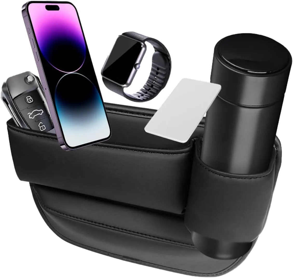 Black Leather Car Seat Gap Storage Box with Adjustable Cup Holder Gap Bag Perfect for Storing Glasses,Phones,Cards,Car Leather Cup Holder Gap Bag (Black, Passanger Side)