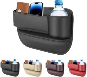 Black Leather Car Seat Gap Storage Box with Adjustable Cup Holder Gap Bag Perfect for Storing Glasses,Phones,Cards,Car Leather Cup Holder Gap Bag (Black, Passanger Side)