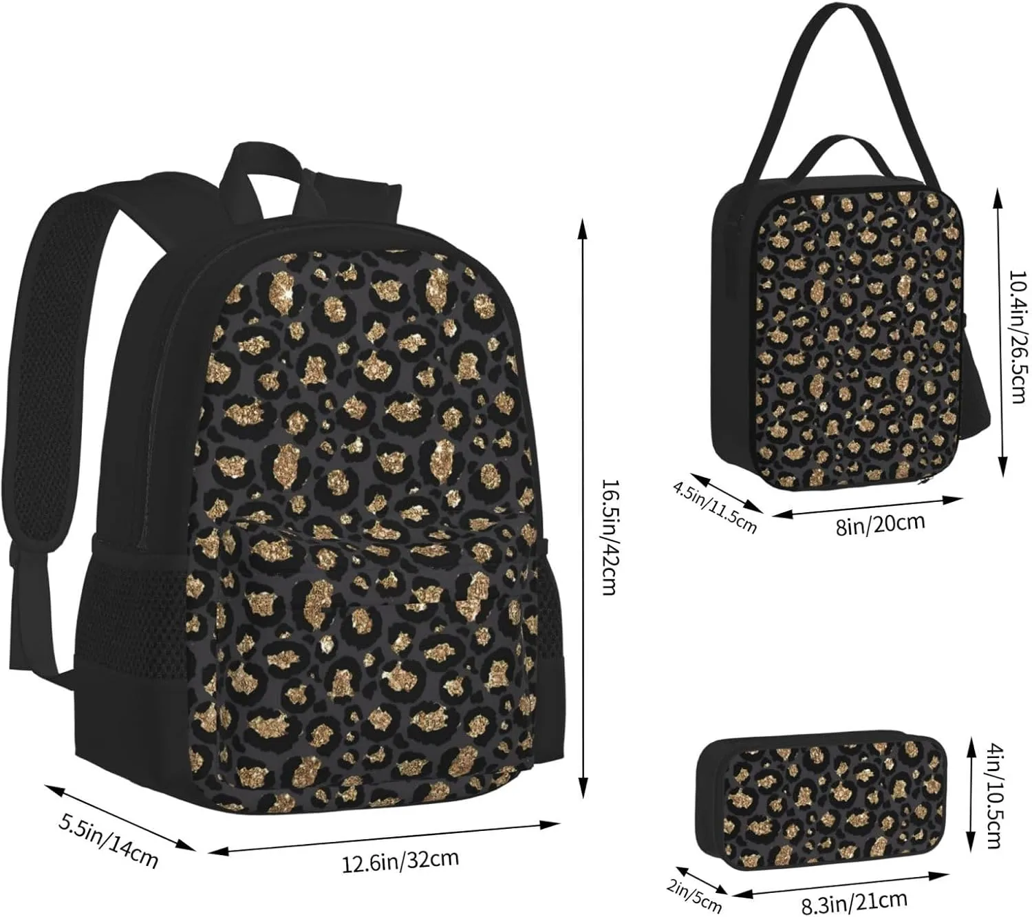 Black Leopard Print Multifunctional Pocket Backpack Crossbody Lunch Bag Pencil Case 3Pcs Set Large Capacity Backpack