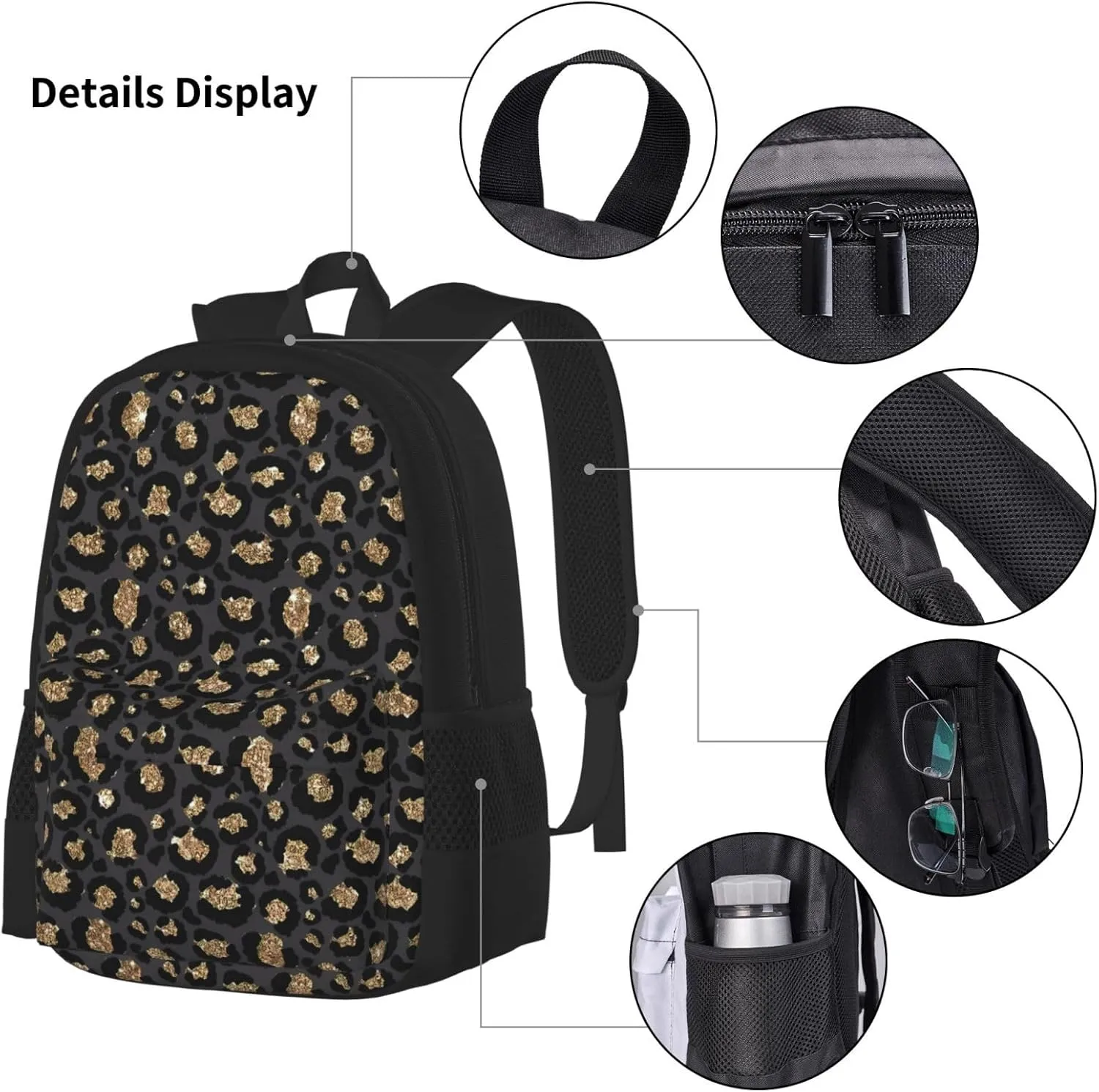 Black Leopard Print Multifunctional Pocket Backpack Crossbody Lunch Bag Pencil Case 3Pcs Set Large Capacity Backpack