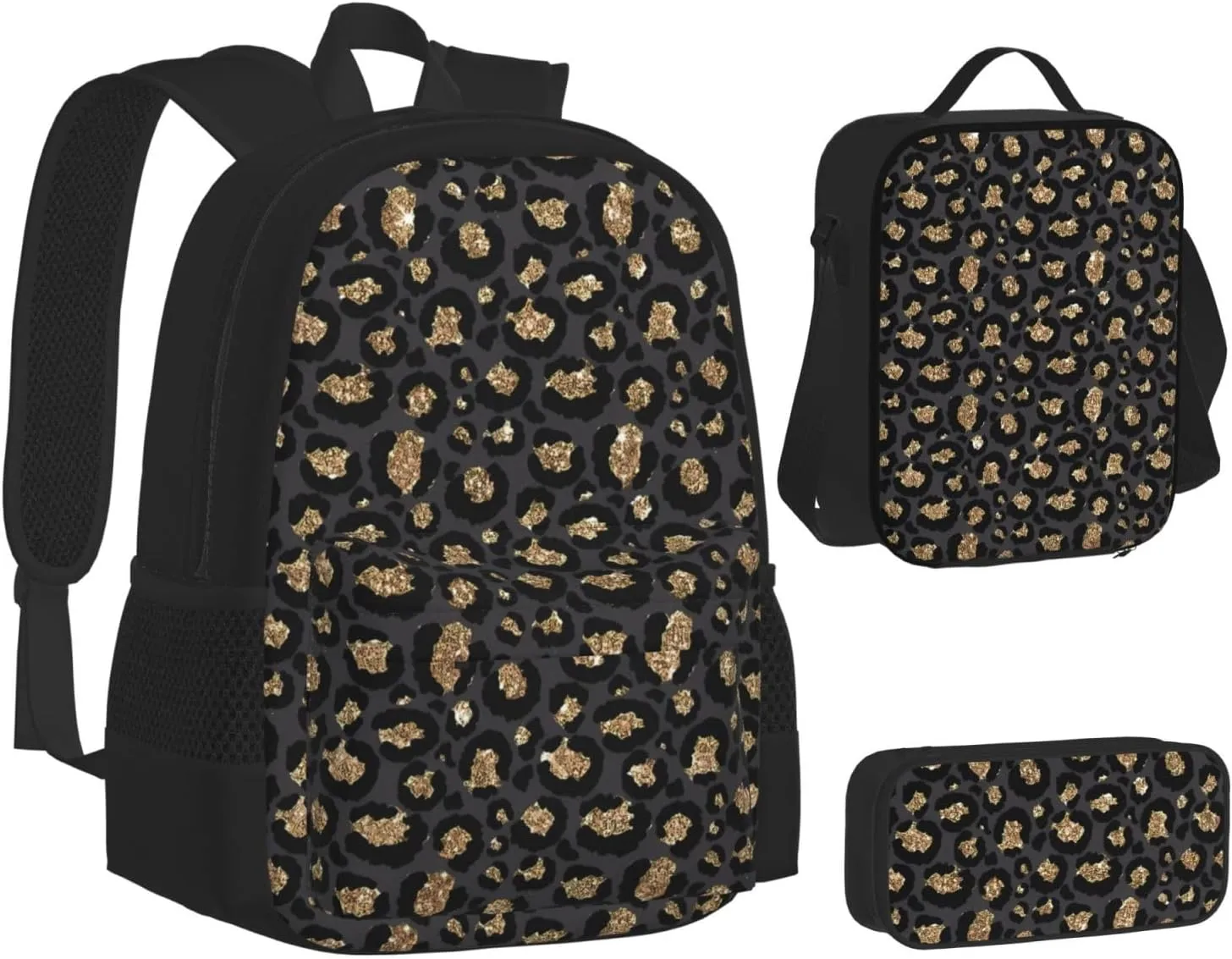 Black Leopard Print Multifunctional Pocket Backpack Crossbody Lunch Bag Pencil Case 3Pcs Set Large Capacity Backpack