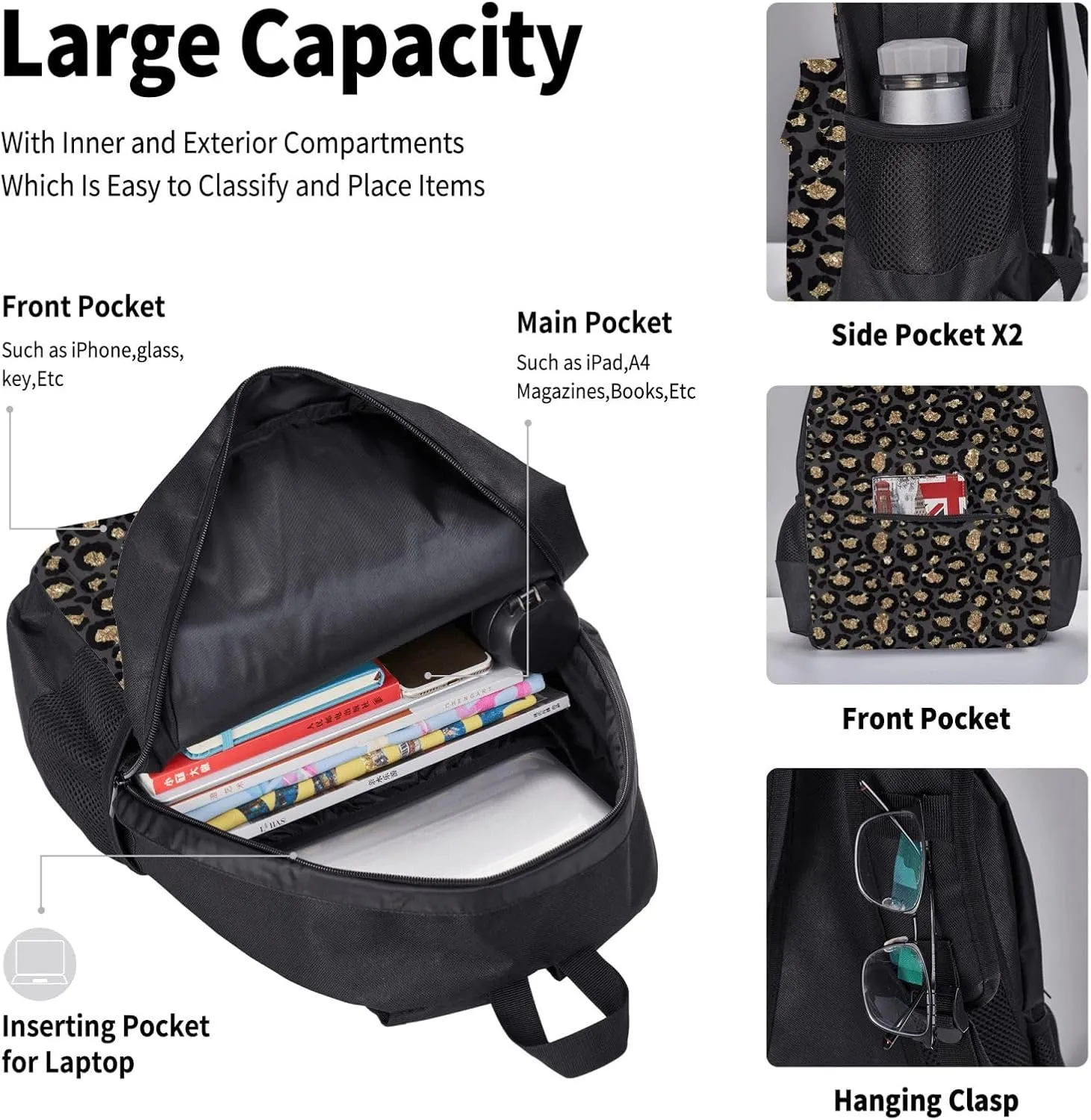 Black Leopard Print Multifunctional Pocket Backpack Crossbody Lunch Bag Pencil Case 3Pcs Set Large Capacity Backpack