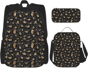 Black Leopard Print Multifunctional Pocket Backpack Crossbody Lunch Bag Pencil Case 3Pcs Set Large Capacity Backpack