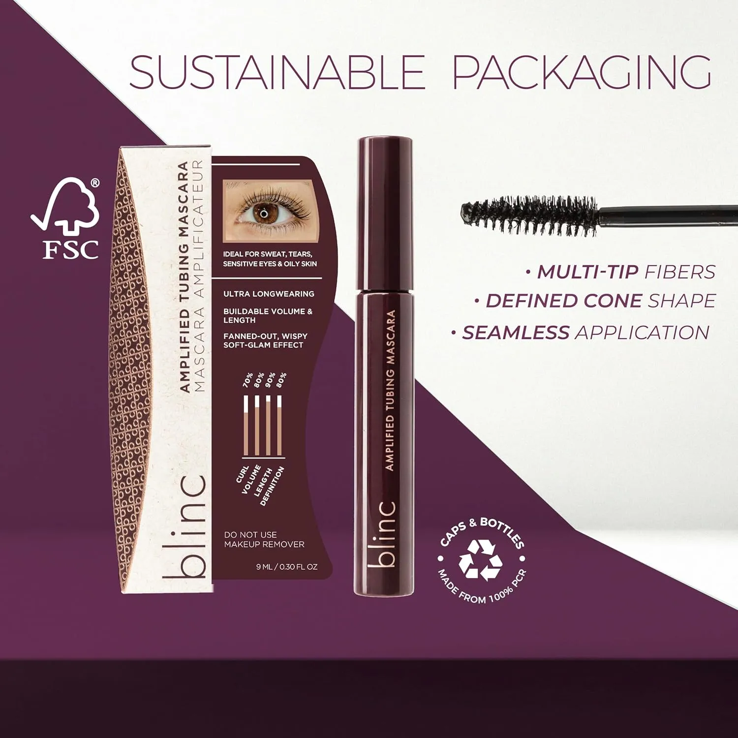 Blinc Amplified Tubing Mascara, Ultra-Longwearing Washable Mascara, Soft-Glam Volumizing, Lengthening and Defining Mascara, Gluten-Free and Cruelty-Free, Dark Brown, 9mL / 0.30 Fl. OZ