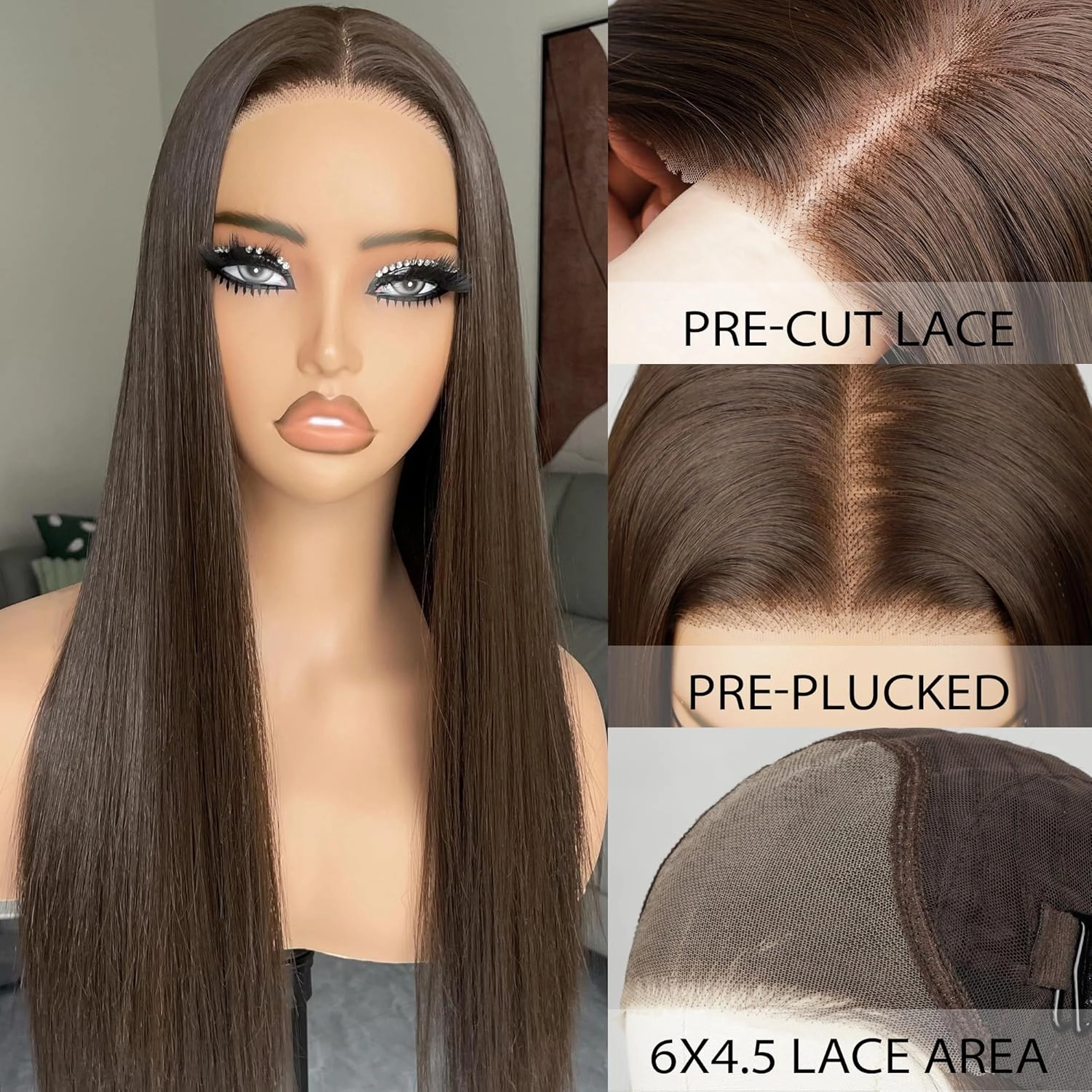 BLL Brown Wig, Glueless Synthetic Pre Plucked Pre Cut 6x4.5 Lace Front Chocolate Dark Brown Easy to Wear Put on and Go 26inch Long Straight Wigs for Black Women