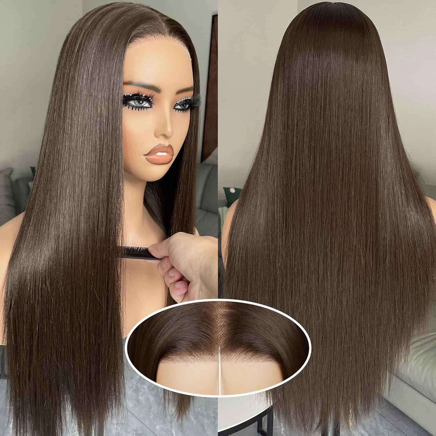 BLL Brown Wig, Glueless Synthetic Pre Plucked Pre Cut 6x4.5 Lace Front Chocolate Dark Brown Easy to Wear Put on and Go 26inch Long Straight Wigs for Black Women