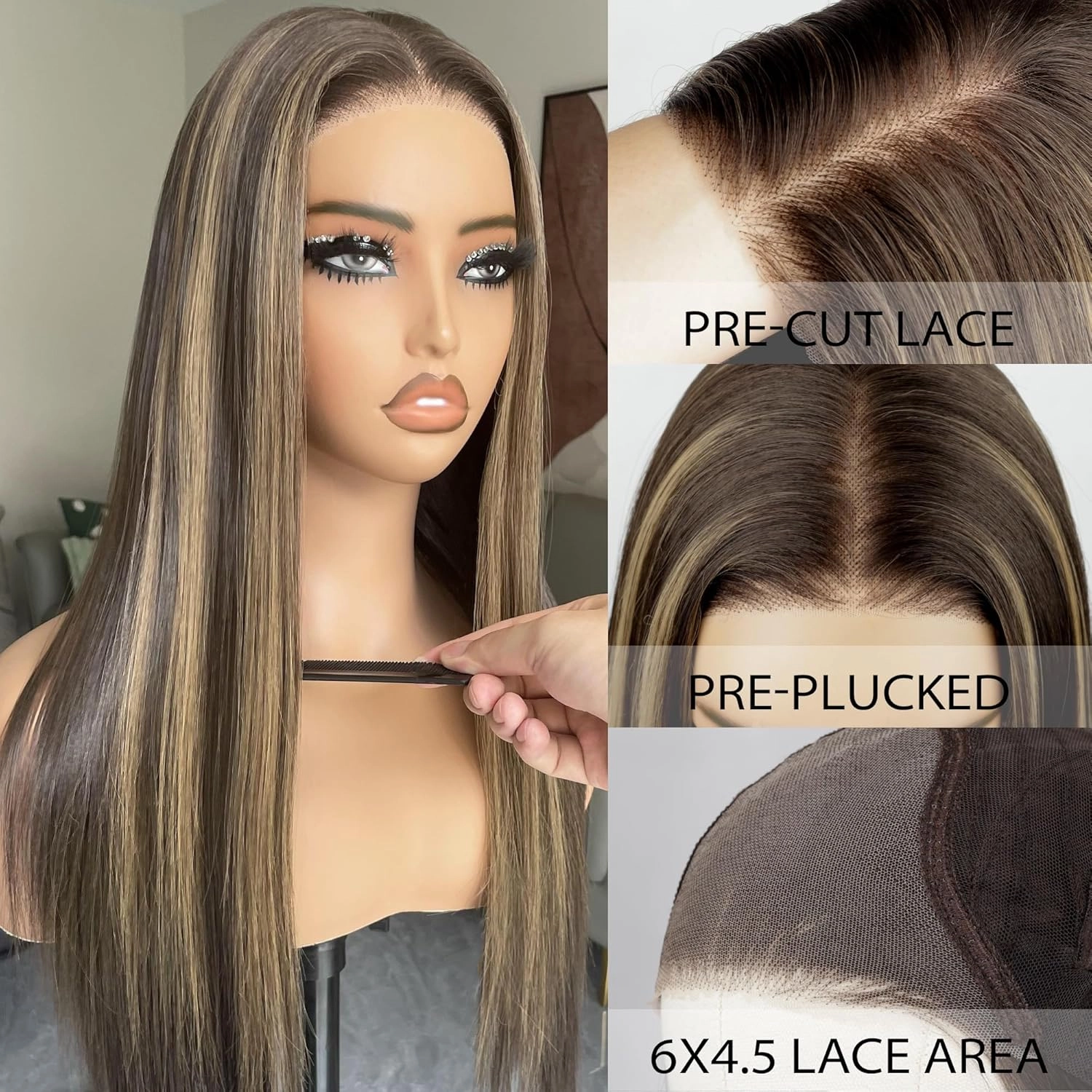 BLL Highlight Wig, Synthetic Pre Plucked Pre Cut 6x4.5 Lace Front Wigs for Black Women 26inch 4/30 Brown Blonde Highlights Honey Brown Straight Wigs Beginner Friendly