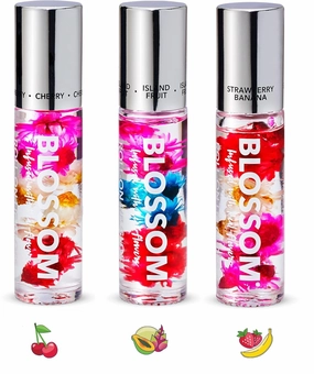 Blossom Scented Roll on Lip Gloss, Infused with Real Flowers, Made in USA, 0.60 fl oz/17.7ml, 3 pack bundle Cherry, Island Fruit, Strawberry/Banana