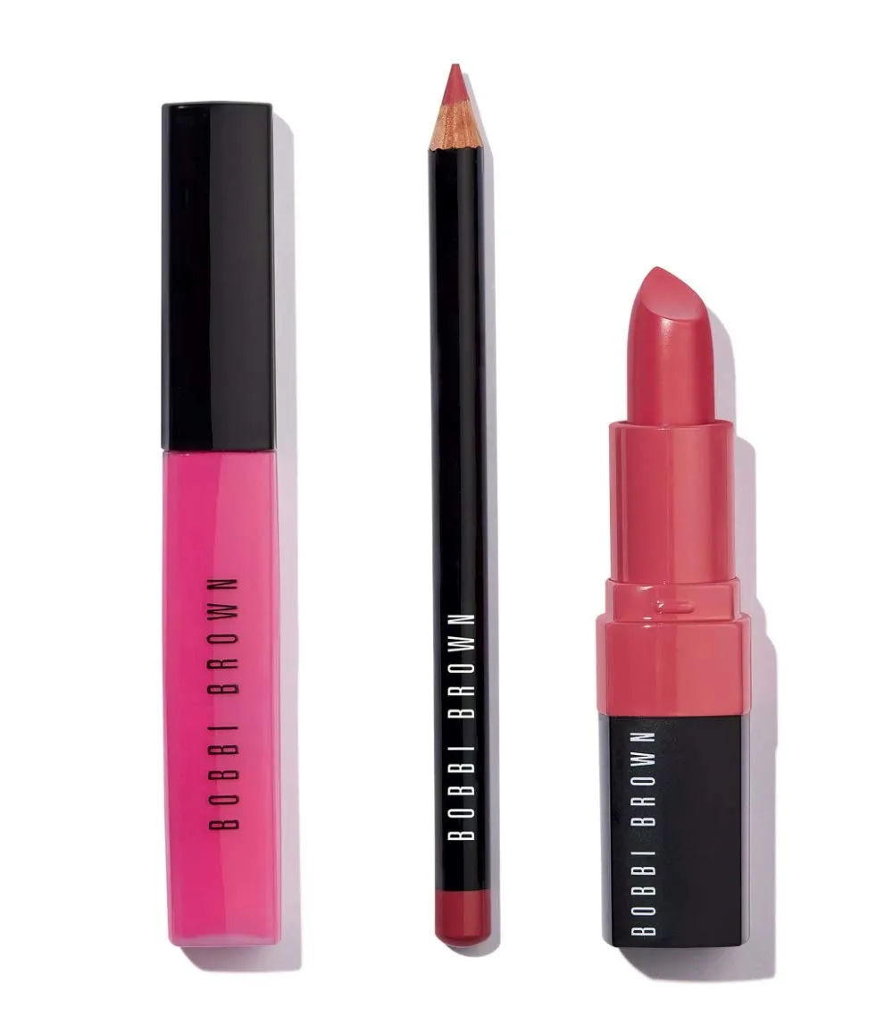 Bobbi Brown Pink Lip Color Trio: Pink Lily Lip Gloss   Rose Lip Pencil   Baby Crushed Lip Color   Travel Bag