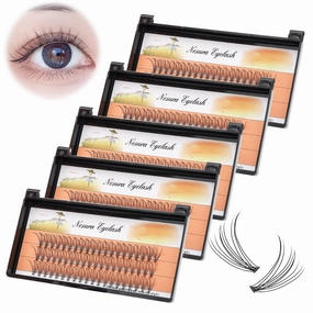 BODERMINCER 10 Root 60pcs 8-10-12-14-16mm Mixed Black Handmade False Eyelashes Natural Long Individual Eyelashes Extension Fake Lashes Makeup Beauty Cosmetic (5 PACKS-9MM)
