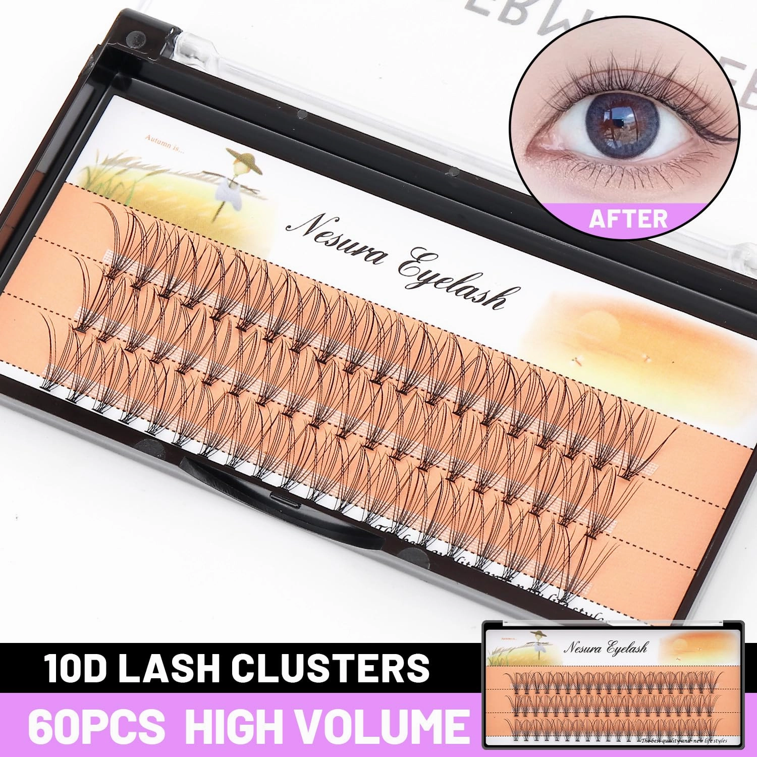BODERMINCER 10 Root 60pcs 8-10-12-14-16mm Mixed Black Handmade False Eyelashes Natural Long Individual Eyelashes Extension Fake Lashes Makeup Beauty Cosmetic (5 PACKS-9MM)