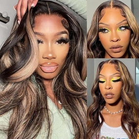 Body Wave 4x4 Lace Front Wig for Black Women Synthetic Pre-Plucked Natural Hairline Water Wavy Wig Highlight Brown Pre Cut Wear and Go Glueless Wigs for Women Daily Use (Highlight Brown#)