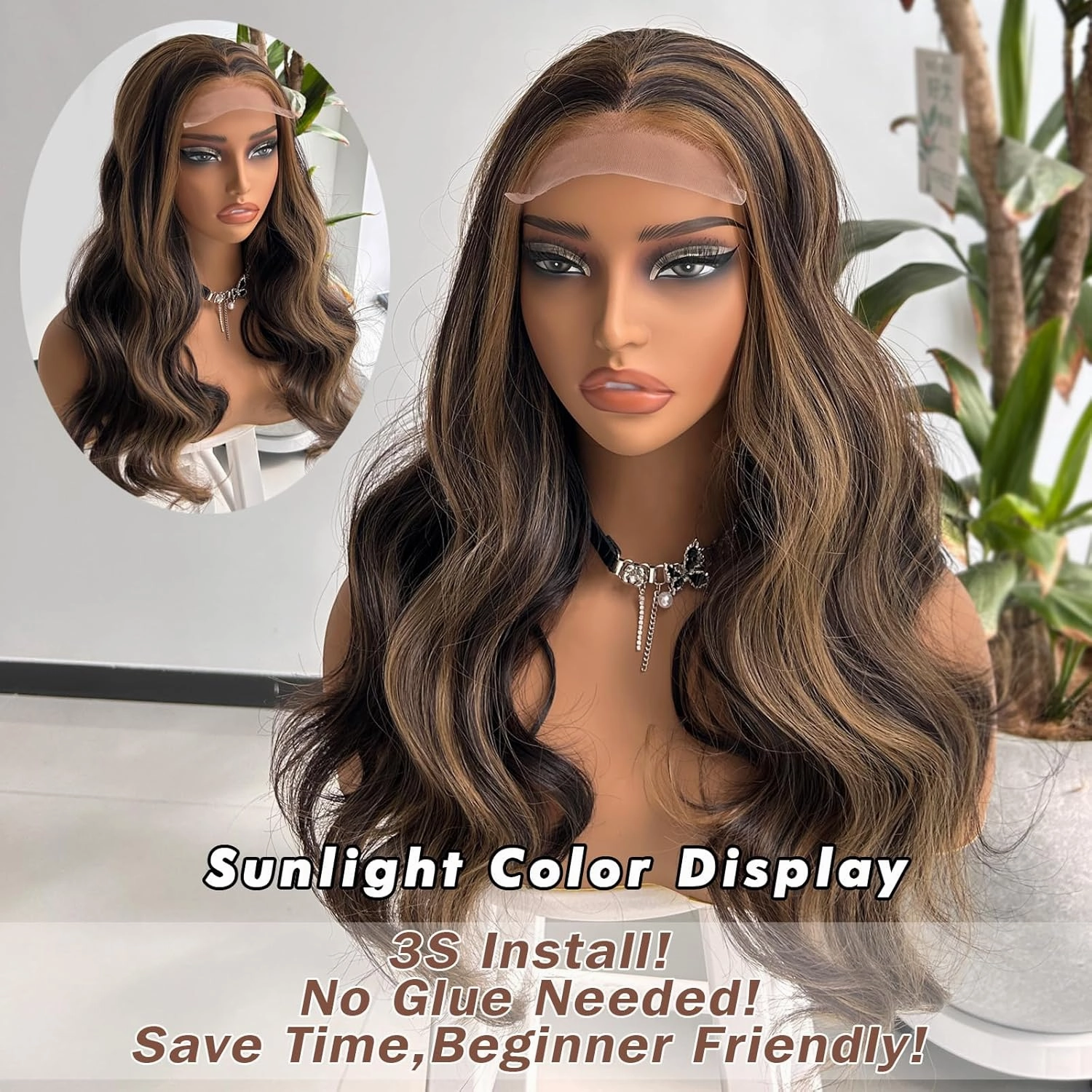Body Wave 4x4 Lace Front Wig for Black Women Synthetic Pre-Plucked Natural Hairline Water Wavy Wig Highlight Brown Pre Cut Wear and Go Glueless Wigs for Women Daily Use (Highlight Brown#)