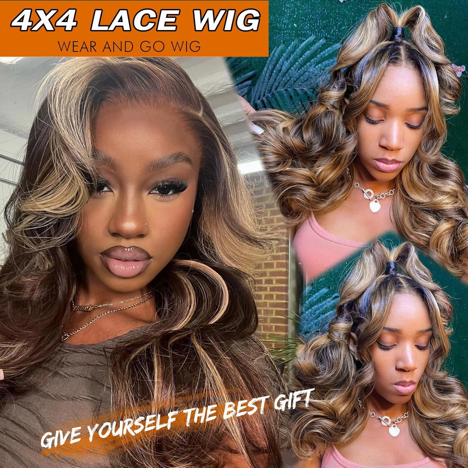 Body Wave 4x4 Lace Front Wig for Black Women Synthetic Pre-Plucked Natural Hairline Water Wavy Wig Highlight Brown Pre Cut Wear and Go Glueless Wigs for Women Daily Use (Highlight Brown#)