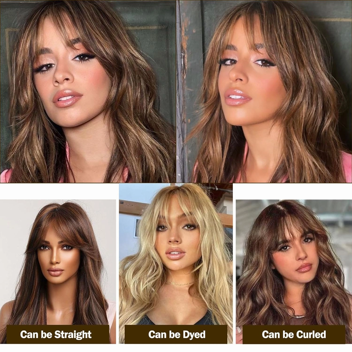 Body Wave Wigs with Bangs Human Hair Wig for Black Women Ombre None Lace Wear and Go Glueless Wig 150% Density Brown Highlight Machine Made Brazilian Virgin Human Hair Wigs(18 Inch,FS4/27)