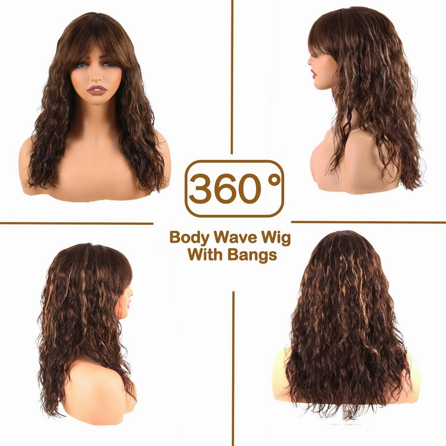 Body Wave Wigs with Bangs Human Hair Wig for Black Women Ombre None Lace Wear and Go Glueless Wig 150% Density Brown Highlight Machine Made Brazilian Virgin Human Hair Wigs(18 Inch,FS4/27)