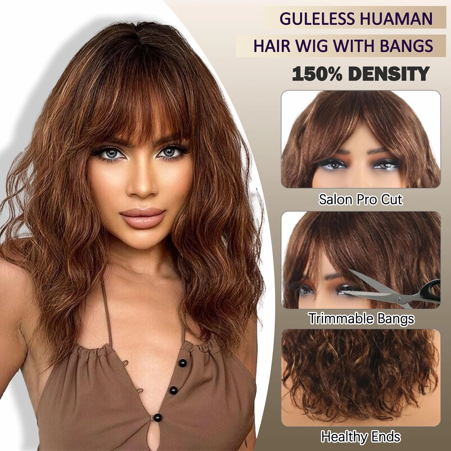 Body Wave Wigs with Bangs Human Hair Wig for Black Women Ombre None Lace Wear and Go Glueless Wig 150% Density Brown Highlight Machine Made Brazilian Virgin Human Hair Wigs(18 Inch,FS4/27)