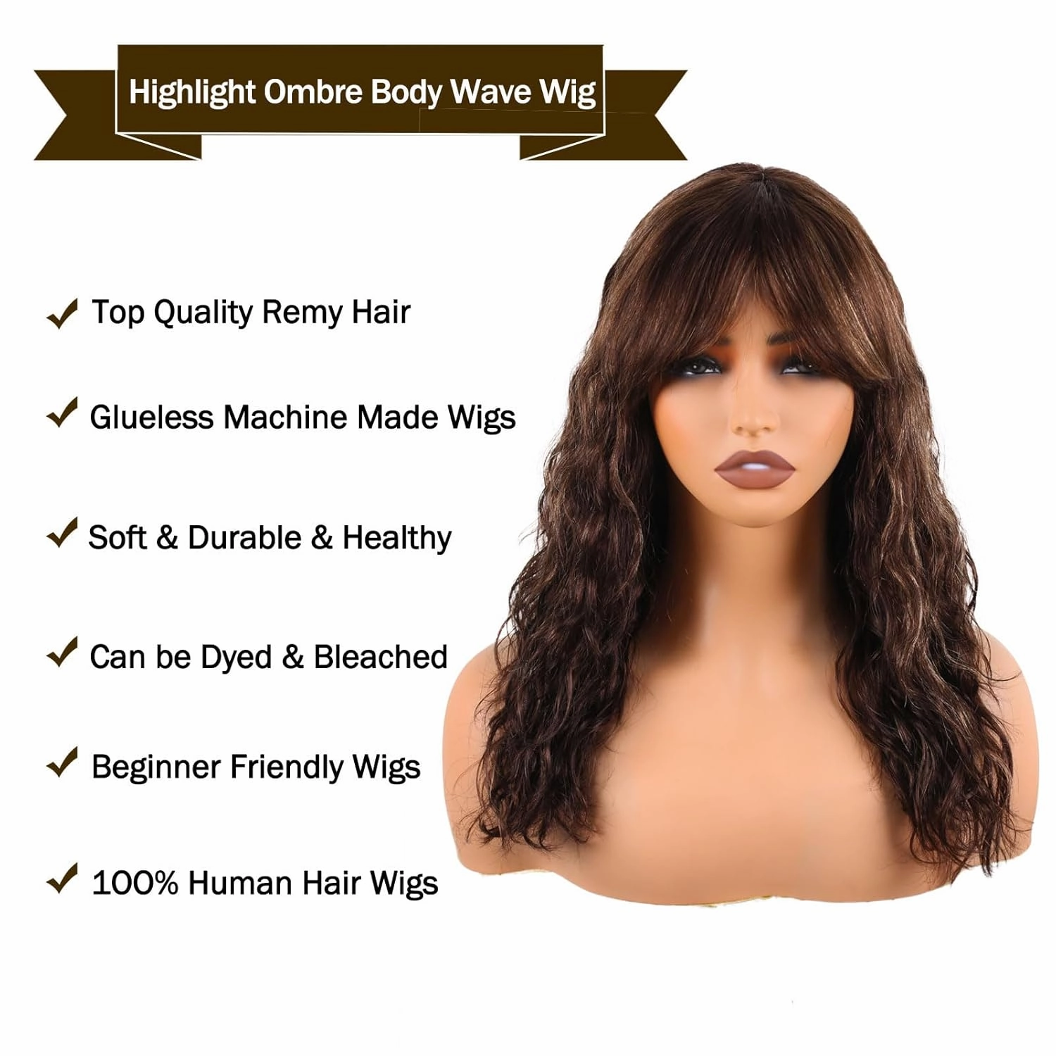 Body Wave Wigs with Bangs Human Hair Wig for Black Women Ombre None Lace Wear and Go Glueless Wig 150% Density Brown Highlight Machine Made Brazilian Virgin Human Hair Wigs(18 Inch,FS4/27)