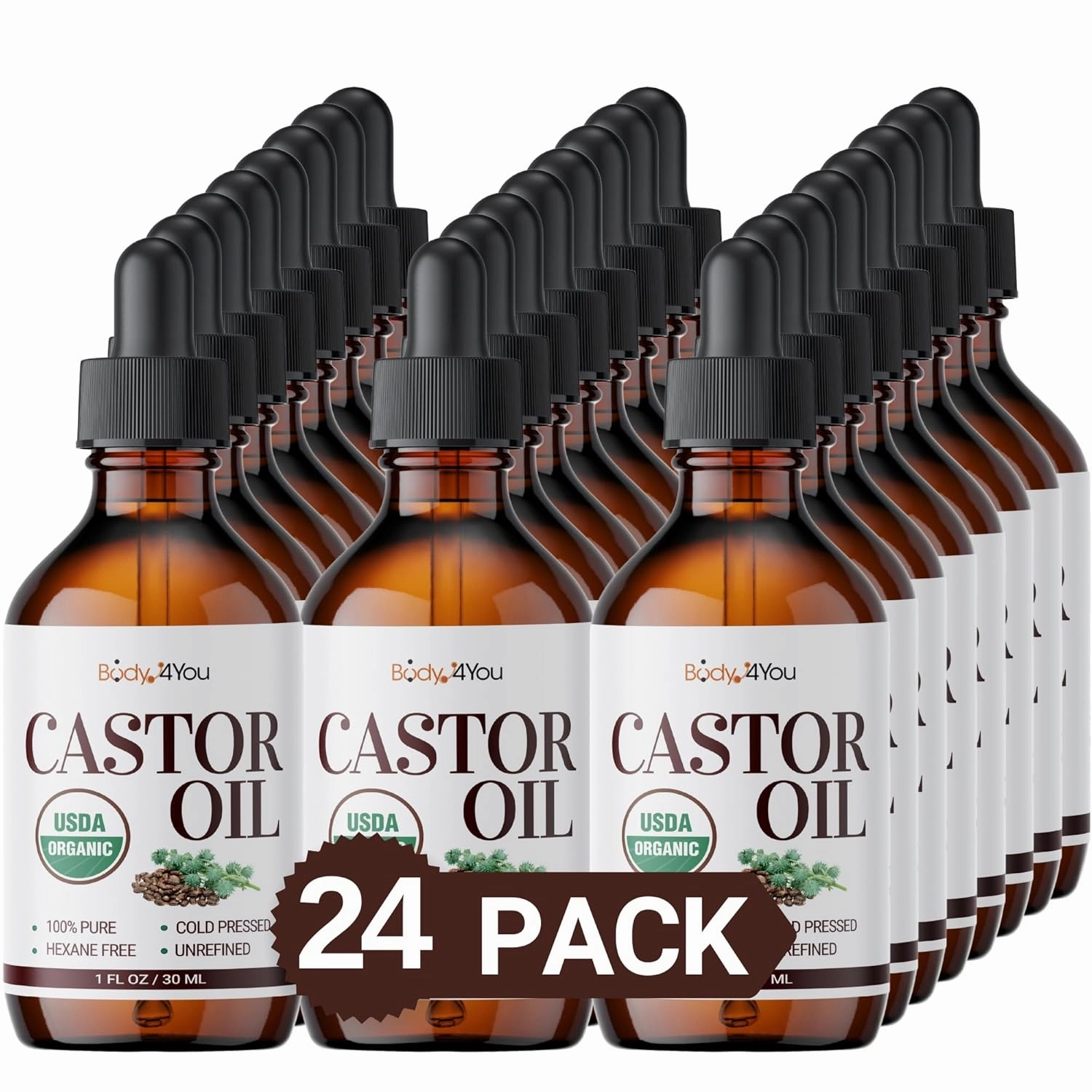 BodyJ4You Castor Oil for Eyelashes Eyebrows - 100% Pure Natural USDA Organic Cold Pressed - Hydrating Skin Hair Growth Lashes Scalp - Non-GMO Hexane Free Unrefined - Glass Bottle 1 Fl Oz (Pack of 24)