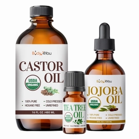 BodyJ4You Organic Oil Trio 100% Pure USDA Natural Tea Tree Jojoba Castor Oils for Skin Hair Scalp Face Eyebrow Eyelash Care Undiluted Non-GMO Cold Pressed Aromatherapy Beauty Essentials