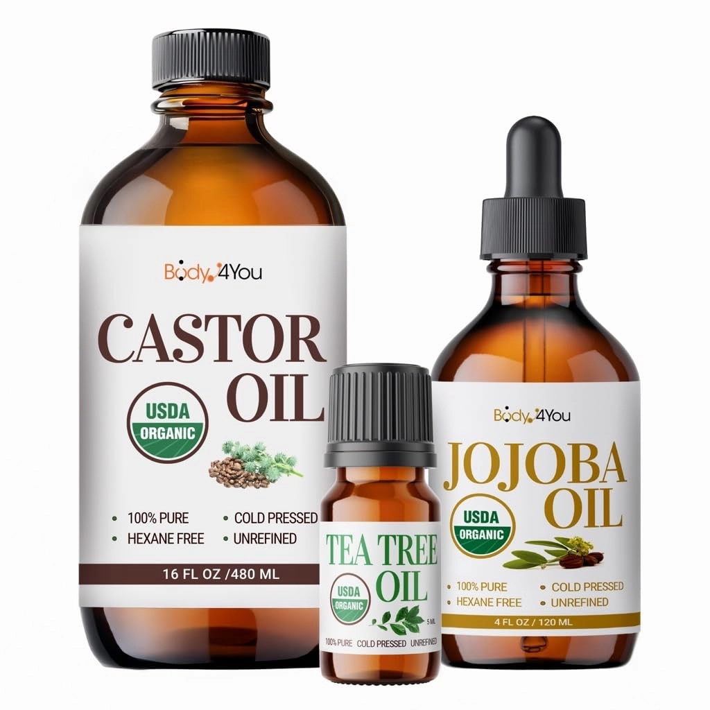 BodyJ4You Organic Oil Trio 100% Pure USDA Natural Tea Tree Jojoba Castor Oils for Skin Hair Scalp Face Eyebrow Eyelash Care Undiluted Non-GMO Cold Pressed Aromatherapy Beauty Essentials