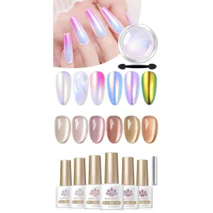 Born Pretty 6PCS Moonlight Nude Brown Pink Cat Magnetic Eye Gel Nail Polish with 1 Box Auroras Nail Powder