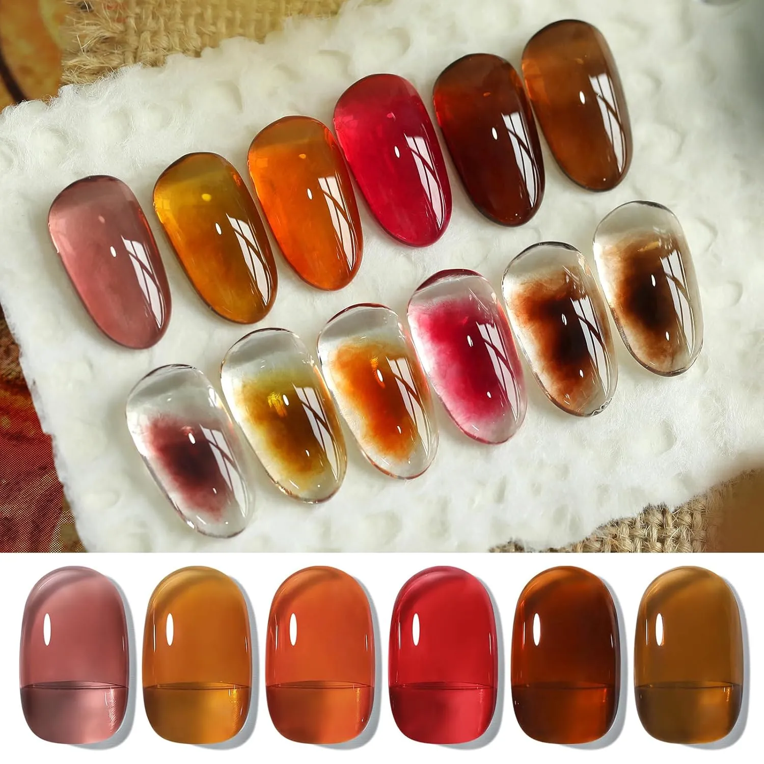 BORN PRETTY Jelly Gel Nail Polish Fall Winter Amber Crystal Brown Orange Red Gel Polish Transparent Nail Art Manicure DIY Home Salon 6PCS