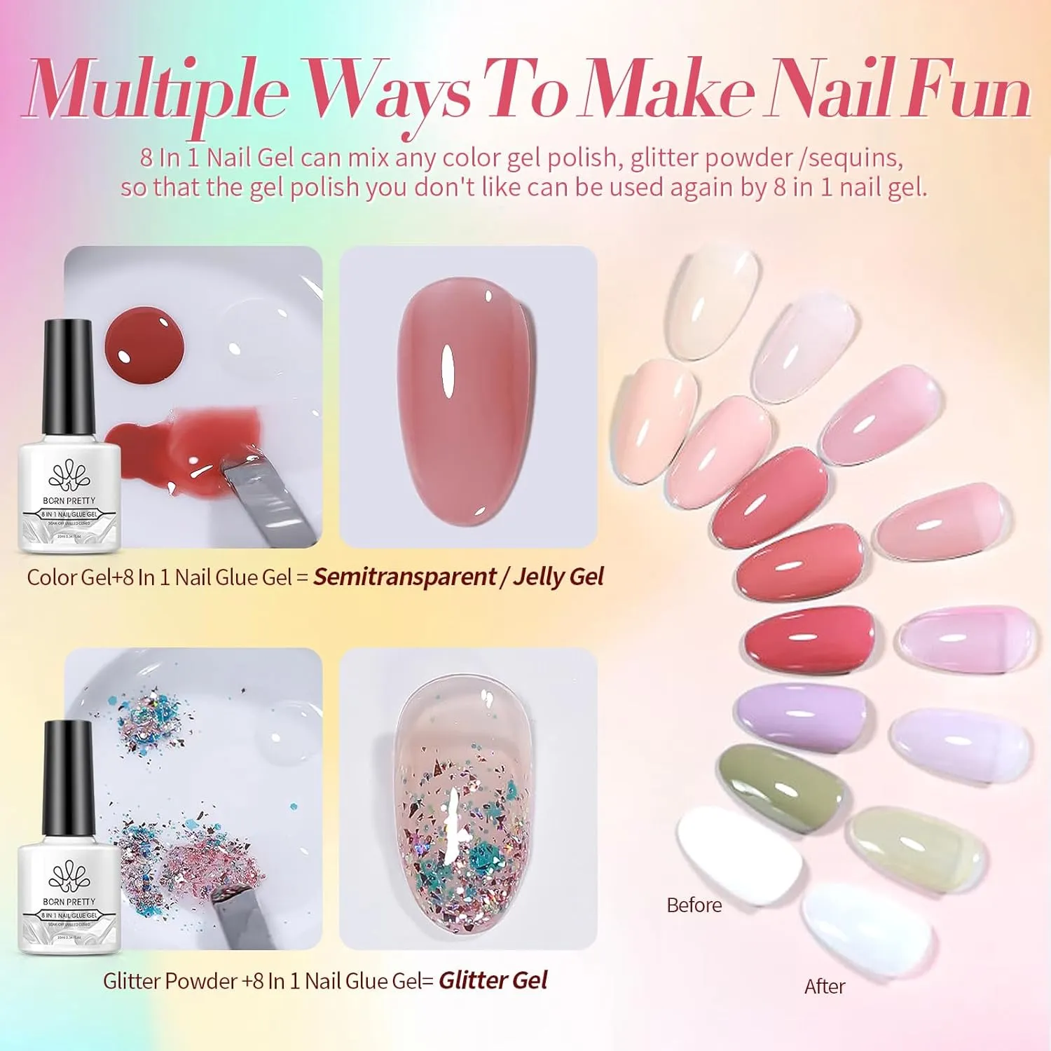 Born Pretty Spring Summer Gel Nail Polish Set Neon Pastel Candy Sweet Color Gel Collection Pink Green Blue Yellow Purple Gel Polish Christmas Day Gift 52PCS