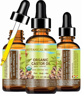 Botanical Beauty Organic Castor Oil 100% Pure Natural Cold Pressed Carrier Oil 2 Fl.oz.- 60 ml. for Face Skin Hair Lashes Brows, Nails.